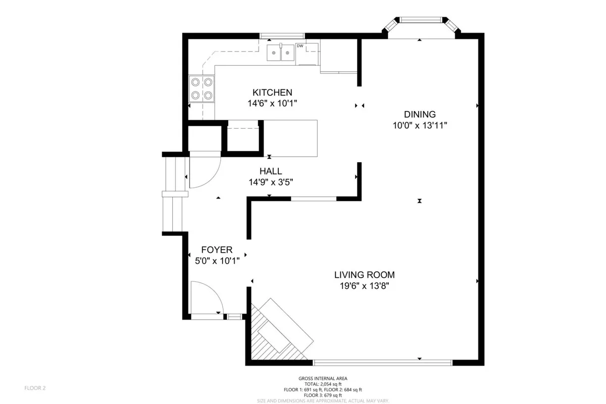 This image showcases a beautifully designed open-concept interior featuring the kitchen, dining area, living room, and foyer. Ample natural light streams in from large windows, and the mid-century décor, plush furnishings, and inviting atmosphere are clearly evident.