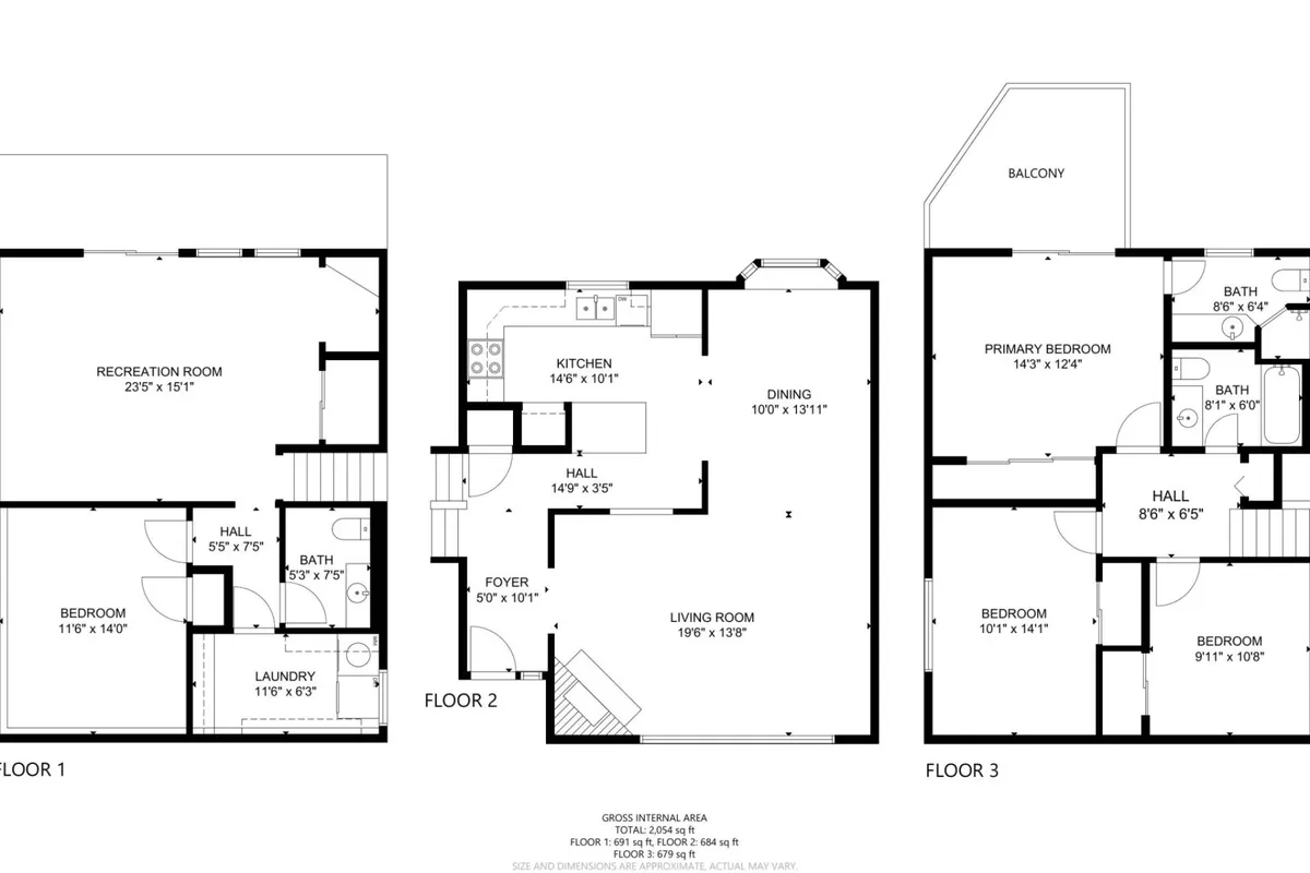 A wide-angle view of the home's key shared spaces, including the recreation room, kitchen, living room, primary bedroom, and a balcony. The image highlights comfortable seating, modern amenities, and a balcony that connects the interior to the outdoors, suggesting spaces for both productivity and relaxation.